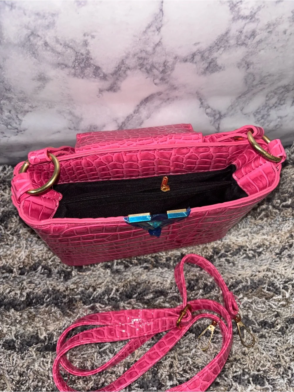 Hot Pink Croc-Embossed Women’s Handbag with Detachable Strap